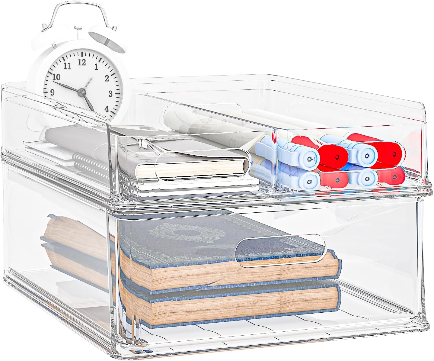 MineSign 2 Pack Desk Organizer with Drawers Stackable Paper Letter Tray for Office Organization Multi-functional Plastic Storage Box for Office Supplies Makeup Jewelry Beauty Accessories