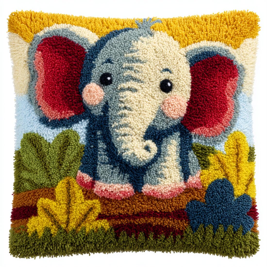Kitquiver Animal Latch Hook Kits for Adults Cartoon Elephant Latch Hook Kit for Adults Beginners Embroidery Crochet Set DIY Throw Pillow Covers Kits 17x17In