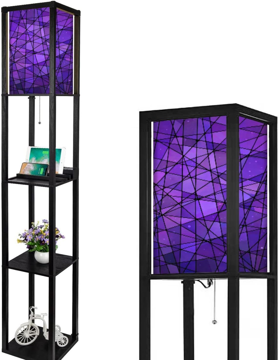 Abstract Stained Glass Mosaic Purple Violet Floor Lamp with Shelves USB Ports & Power Outlet Linen Fabric Shade Corner Standing Lamp for Living Room