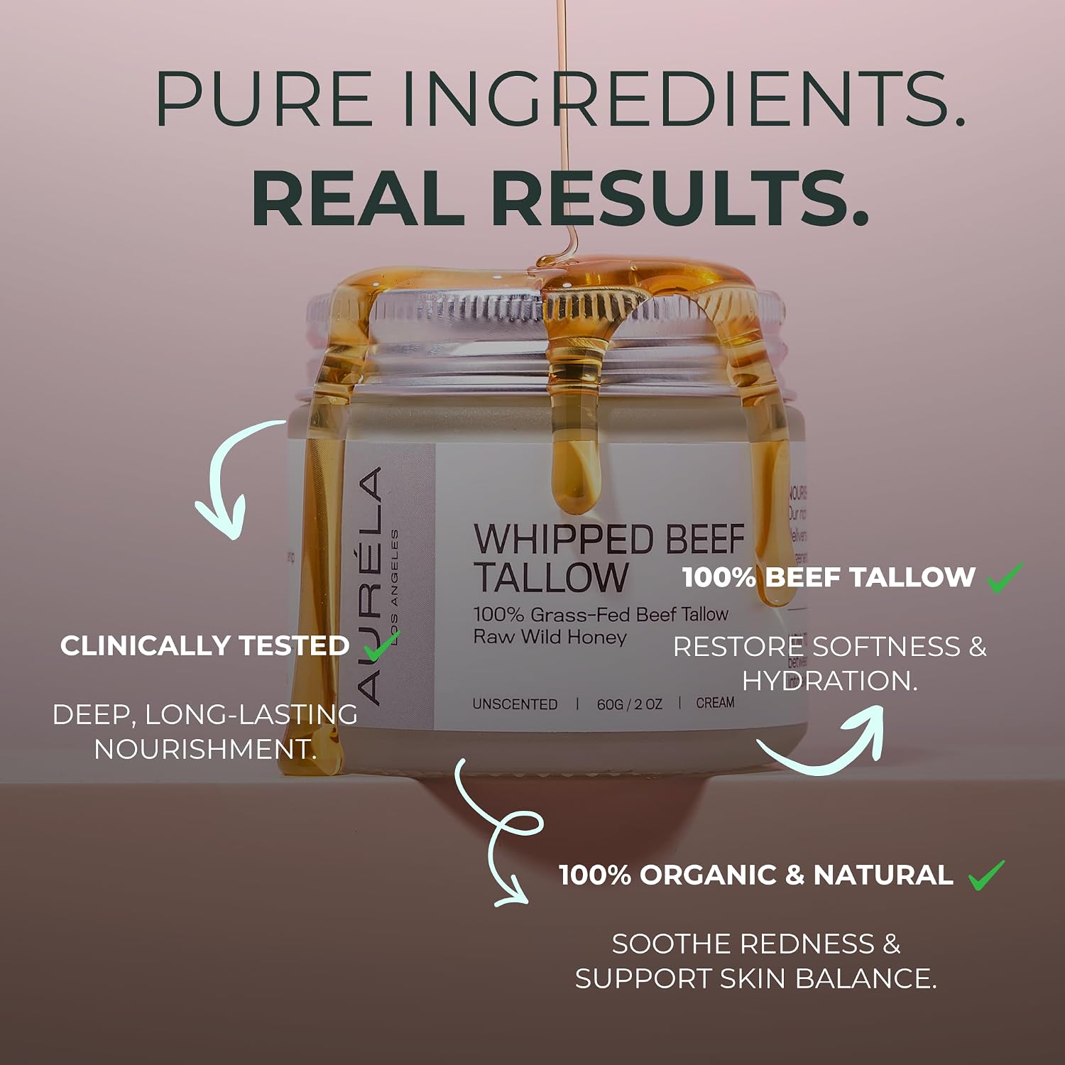 Organic Beef Tallow With Honey & Jojoba Oil - 100% Grass-Fed Whipped Beef Tallow For Face & Body - Natural & Deeply Nourishing Formula | For Dry & Sensitive Skin - Unscented | 2oz