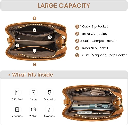 Vista 5 de Kattee Bolsos de mano de cuero para mujer, bolso cruzado de hombro suave mediano con 2 correas