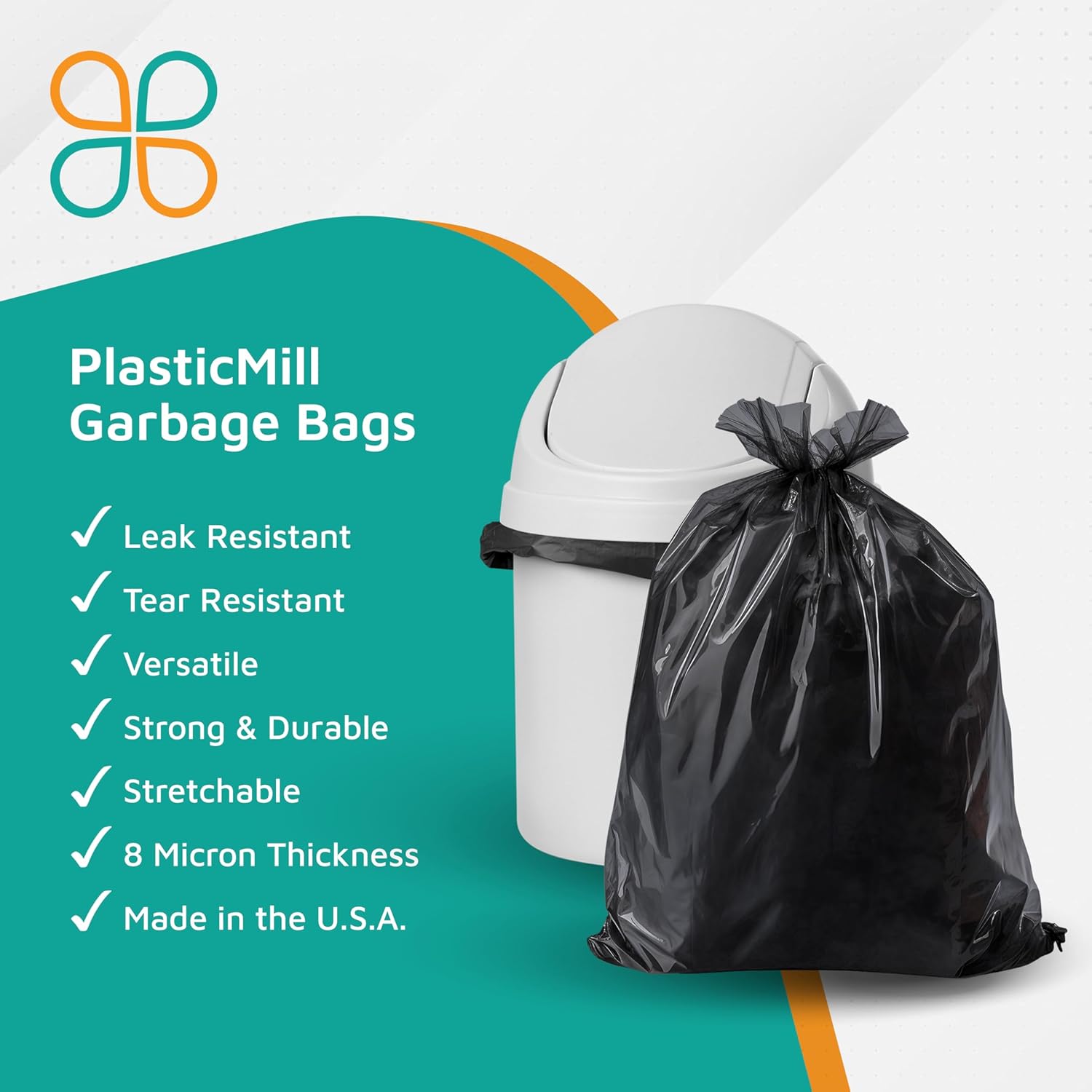 PlasticMill Heavy Duty Trash Bags - Black Garbage Bags - Plastic Trash Bags - Kitchen, Bathroom, Office Garbage Bags, Trash Can Liners - 7-10 Gallon Small Trash Bags, 8 Microns, 24"x24" (1,000-Count)