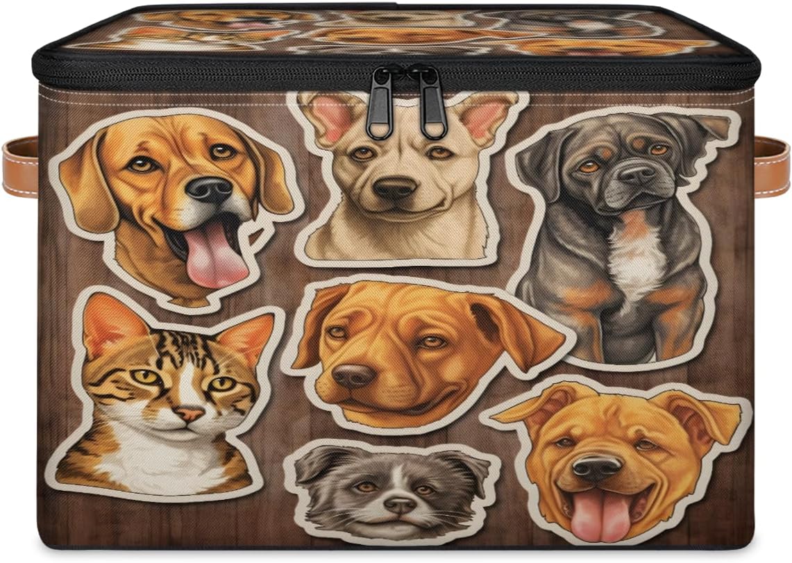 Storage Bin Set of 2 Dogs Cats Storage Basket with Zipper Lid & Handle Foldable Closet Shelf 2 Pack Cloth Organizer Basket Cube Bins Clothes Organizer for Bedroom, Nursery