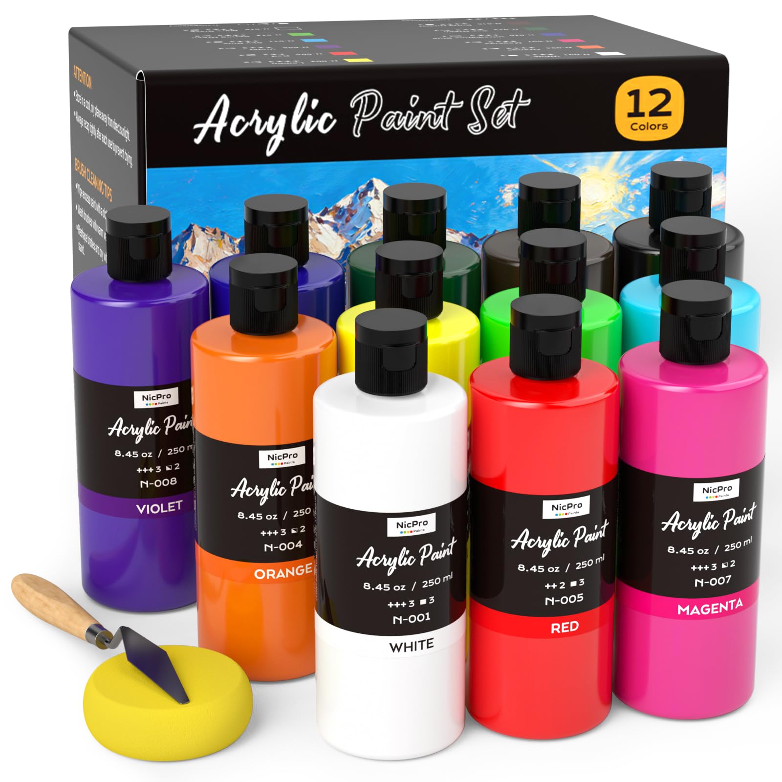 Nicpro 12 Colors Large Bulk Acrylic Paint Set for Artist (8.45 oz, 250 ml)
