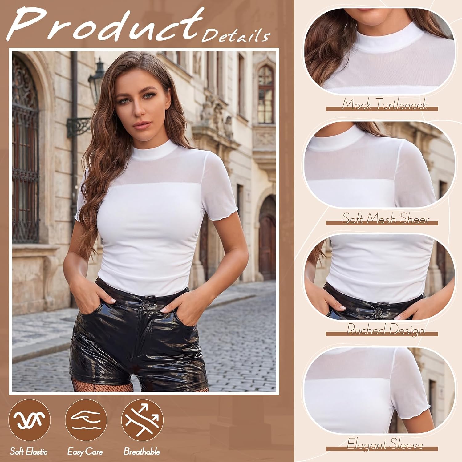 Capoda Womens Sexy Mesh Sheer Top Short Sleeve Mock Turtleneck Tops Ruched Going Out Summer Shirts See Through Slim Blouse
