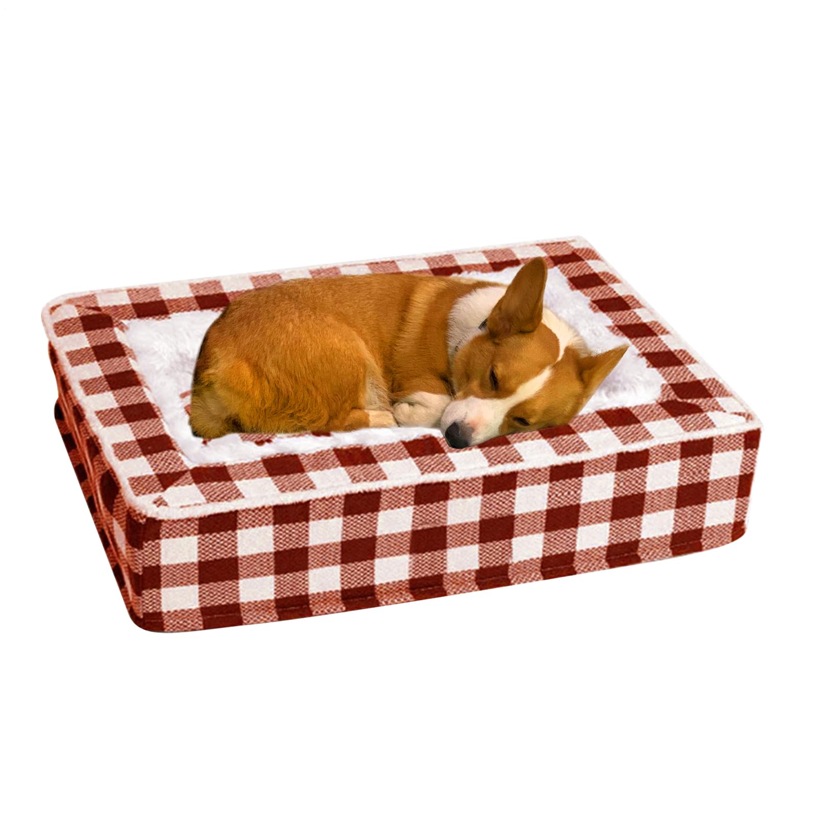Tartan Dog Couch – Cojín acogedor, base tapizada | Clásico cuadrado festivo lavable, rizo de tartán suave calmante antiansiedad para mayor comodidad en el interior de la caja