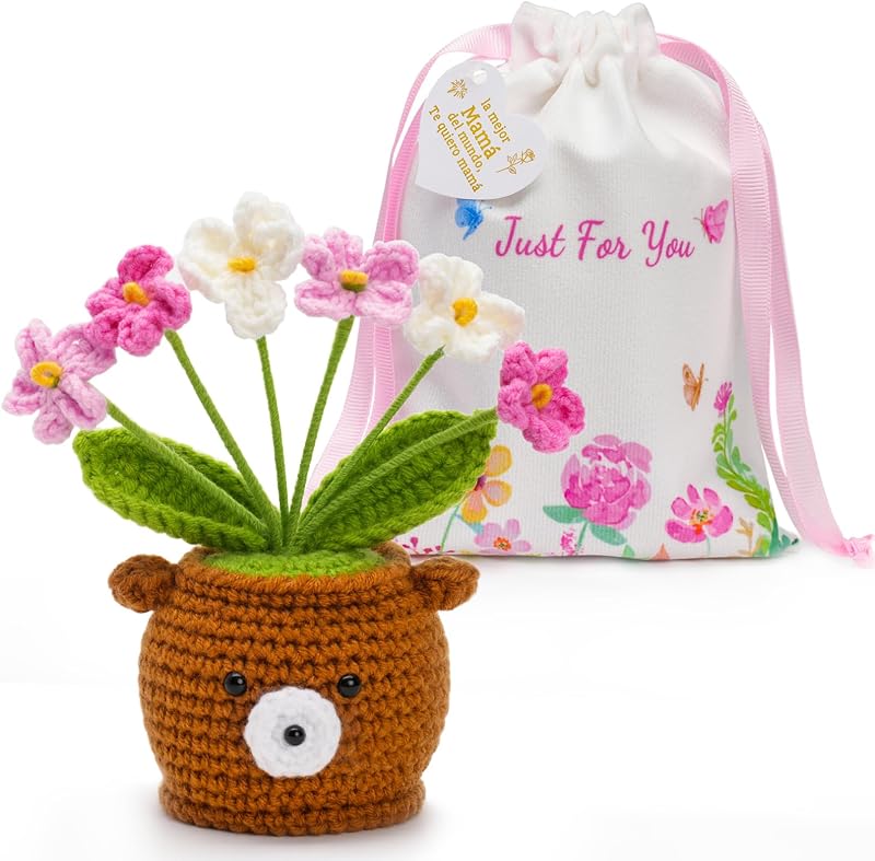 Regalo Día de la Madre, Regalo Mamá Flores de Crochet Ositos Peluche, Regalo Cumpleaños Madre, Tarjeta de Regalo Adjunta - la mejor Mamá del mundo, Te quiero mamá, Bolsita con Estampado Delicado