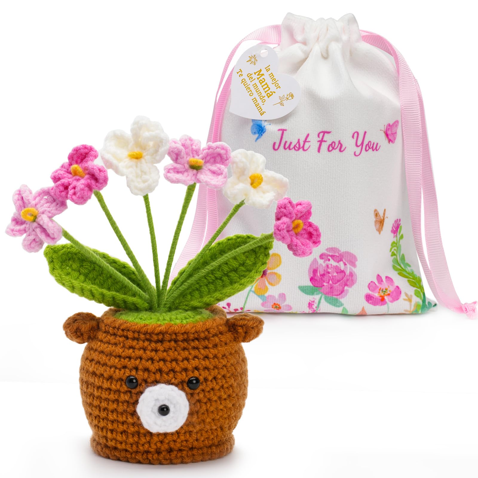 Regalo Día de la Madre, Regalo Mamá Flores de Crochet Ositos Peluche, Regalo Cumpleaños Madre, Tarjeta de Regalo Adjunta - la mejor Mamá del mundo, Te quiero mamá, Bolsita con Estampado Delicado