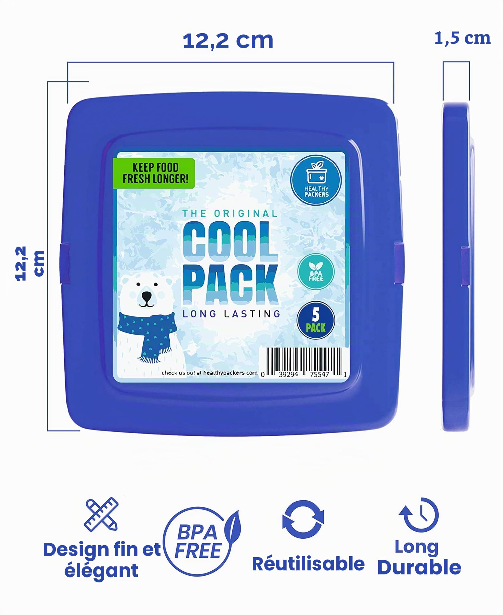 [Nouveau] de froid, FIN et réutilisable Lot de glace pour Lunch Box – congélateur froid Packs pour sac isotherme et boîtes repas – Original Formule longue tenue – (lot de 5), couleur