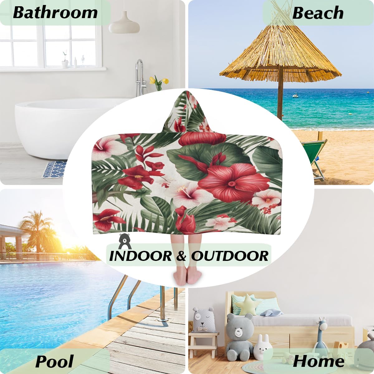 Pardick Kids Bath Towel Tropical Poppy Laeaf Flower Beach Towel with Hood Pool Cover Up for Girls Boys Soft Absorbent Hooded Bath Towel Toddler Towels for Beach, Pool