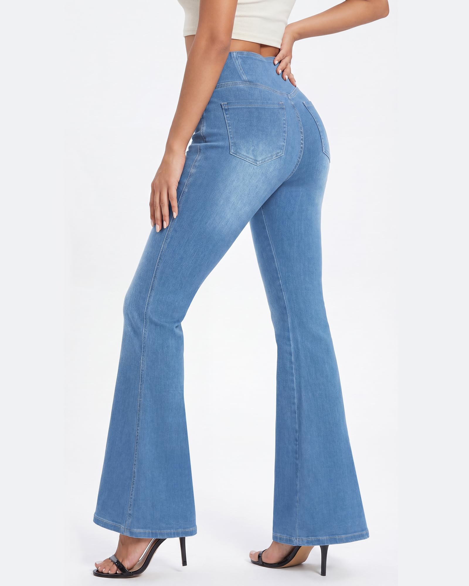 Bootcut Jean pour Femme, col en V, Taille Haute, Pull on Ventre, Skinny, Denim, très élastique, Tissu Doux, Pantalon de Fitness Contrôle du Ventre - avec Poches
