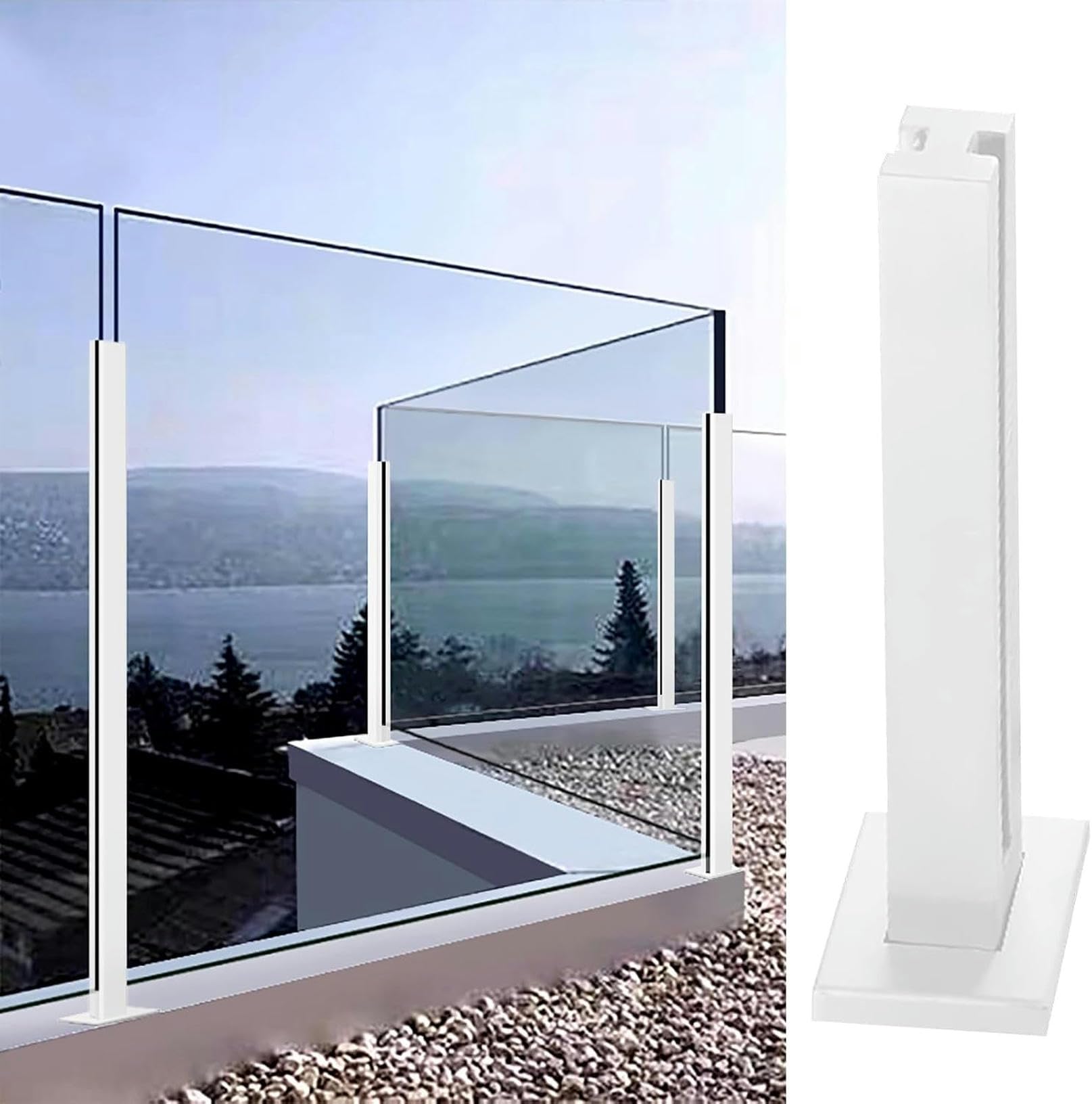 Poteau garde-corps verre inox blanc carré pour terrasse et balustrade de jardin