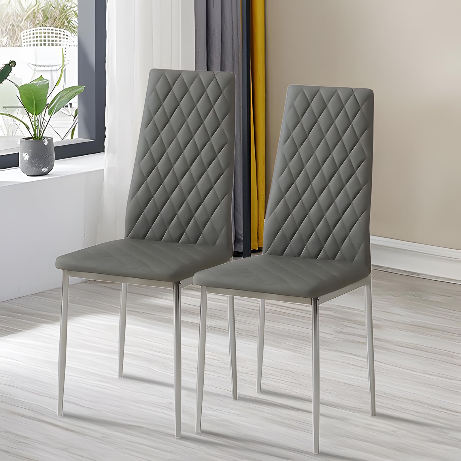 Warmiehomy Dining Chairs Set of 2 Kitchen Faux Leather High Back Grey Chairs Set with Metal Leg Padded Seat for Dining Kitchen Room