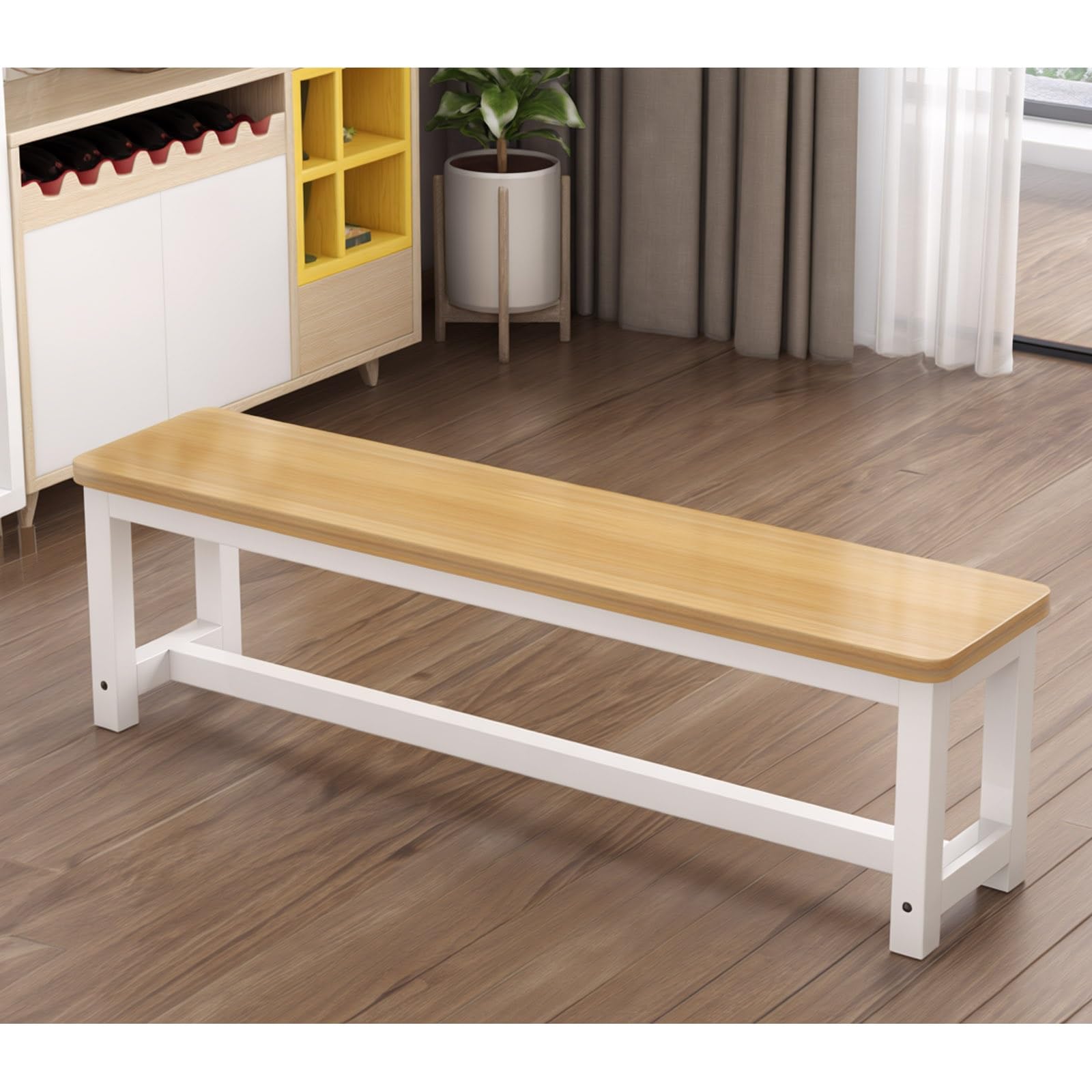 Banc de patio en fonte et bois 100 cm blanc et noyer clair pour vestiaire et entree