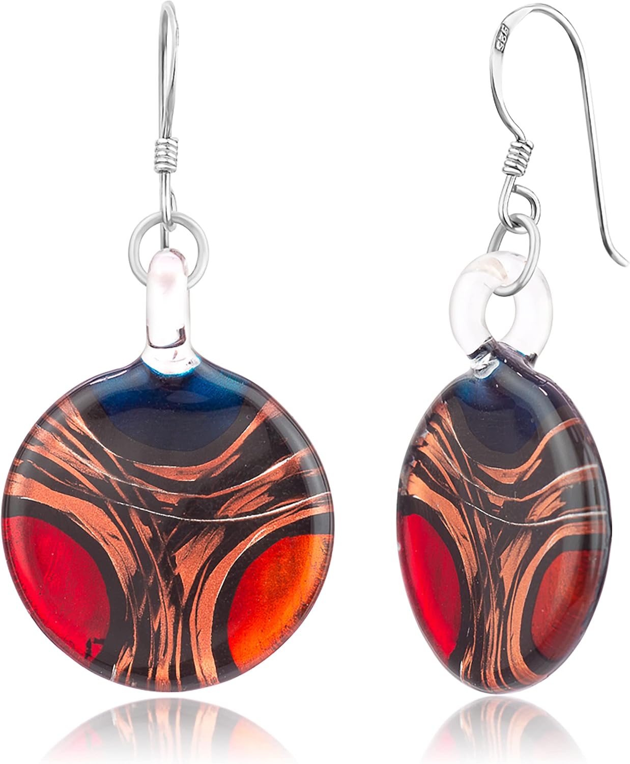 925 Sterling Silver Hand Blown Glass Red Blue Yellow Gold Curve Dangle Earrings