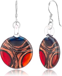 925 Sterling Silver Hand Blown Venetian Murano Glass Red Blue Yellow Gold Curve Dangle Earrings for Women, Metal Glass, No Gemstone