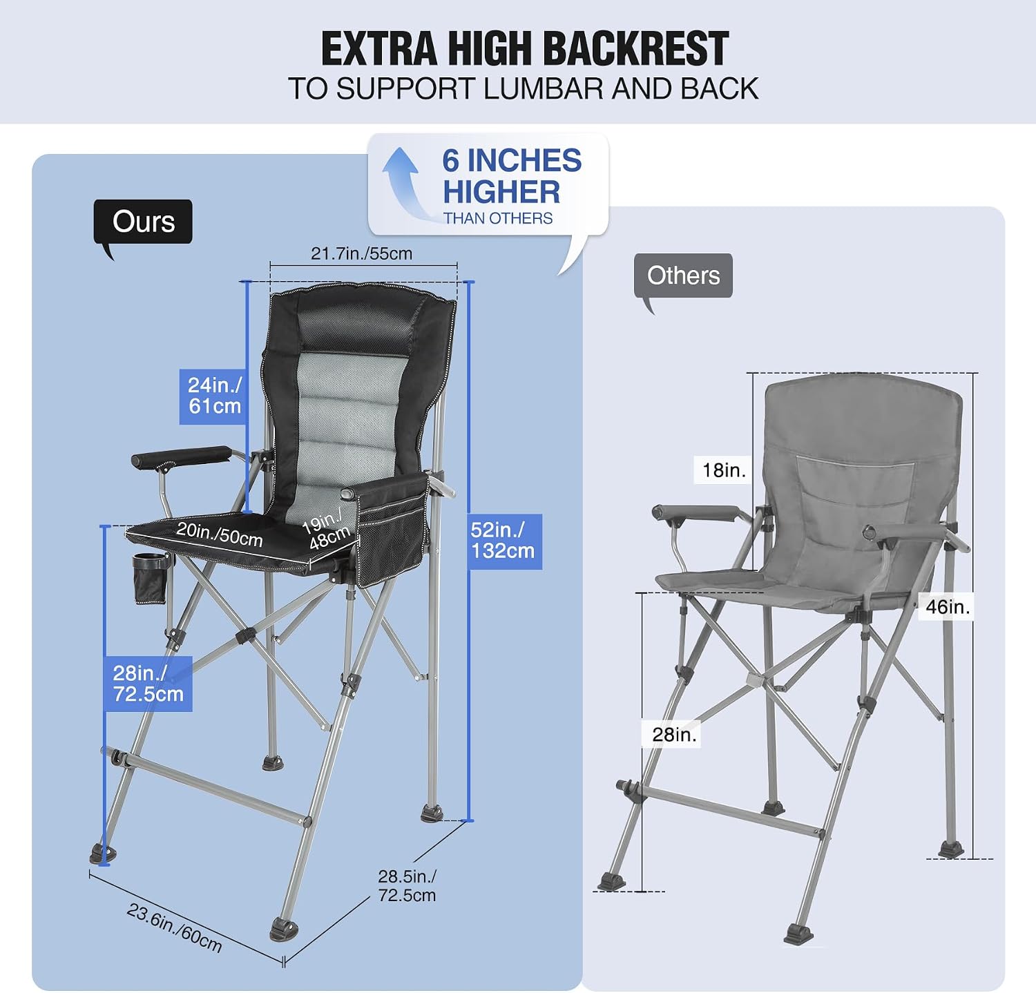 Extra Tall Folding Chairs with Seat Cushion for Adults, Portable Bar Height Foldable Director Chairs for Camping Outside, High Back and Footrest, Black/Navy