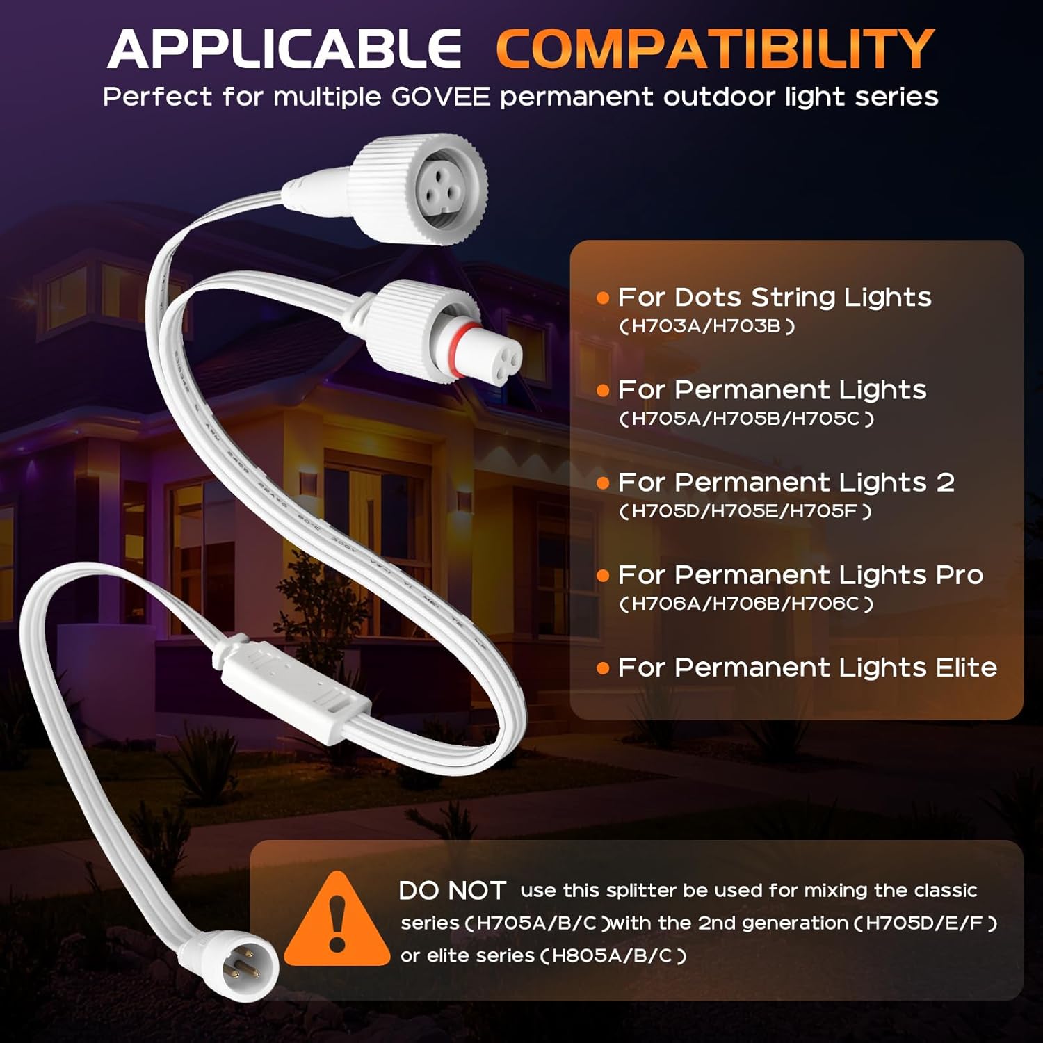 1.64FT Y-Splitter Permanent Outdoor Lights Extension Cable for GOVEE,Y-Shaped IP68 Waterproof Extension Cord with 3Pin Plug,Suitable with Govee H705A H705B H705C H706A H706B