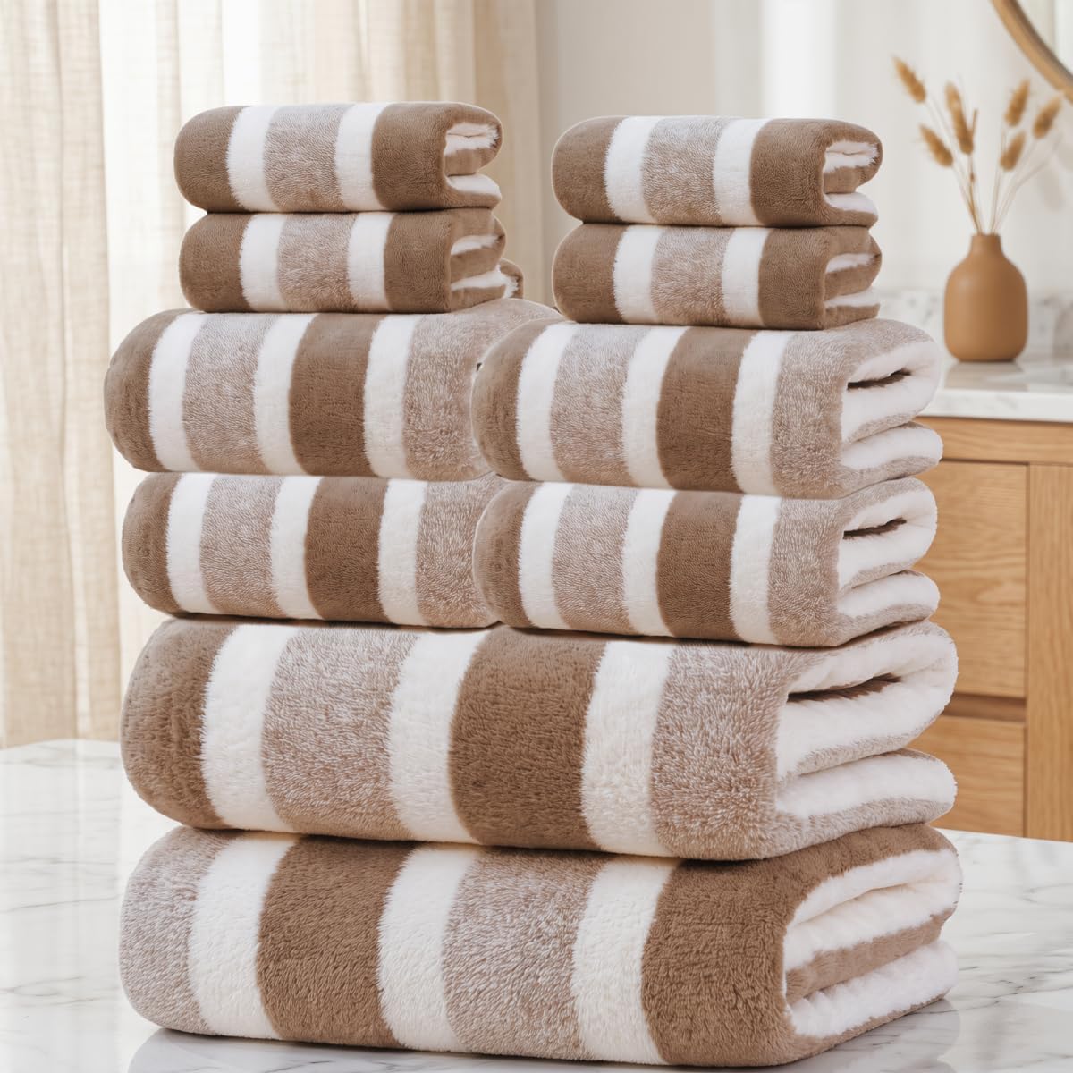 10-Piece Premium Microfiber Bath Towel Set - Quick-Dry, Ultra Soft & Highly Absorbent Oversized Beach Towels for Bathroom, Pool, Spa & Gym - | 2 Bath, 4 Hand, 4 Washcloths | Brown