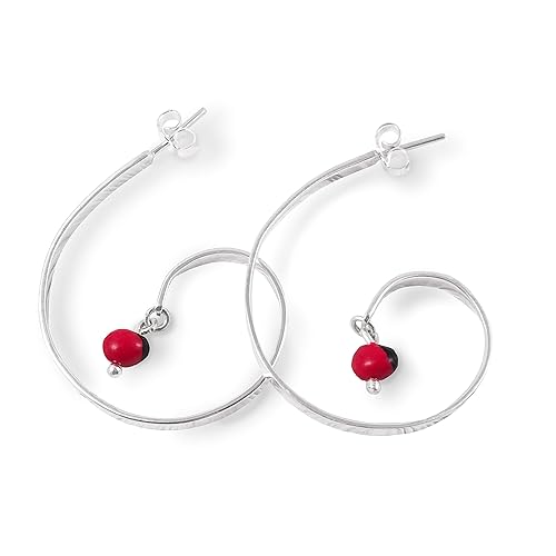 Stud Post Curved Hoop Sterling Silver 925 with Red and Black Huayruro Seed Earrings, Peruvian 'Good Fortune' G Shape Hoops, Polished Finish,