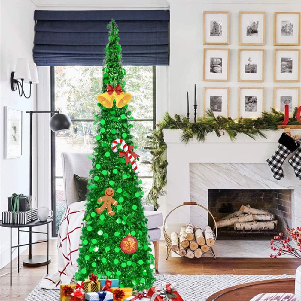 EEX 5ft Collapsible Artificial Christmas Tree,Sequin Pensil Tree for Apartment Home Office Store Holiday Decorations with 100 Color Lights Battery Operated 2 Modes