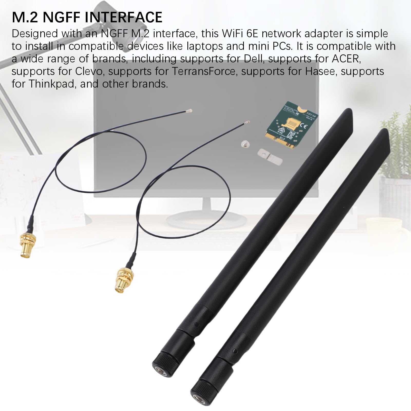 Wisoqu WiFi 6E Wireless Card, M.2 NGFF Bluetooth 5.2, Tri Band 2.4Ghz 5Ghz 6Ghz Network Adapter Include 8dBi Antenna, Ultra Low Latency, Support Wi ndows 10 11