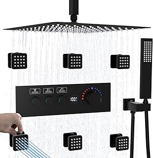 Temperature-Display Shower System with Body Jets, 16 Inch Rainfall Shower with Push-button Thermostatic Valve and Independent Flow Control, Matte Black