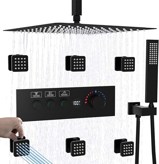Temperature-Display Shower System with Body Jets, 16 Inch Rainfall Showe...