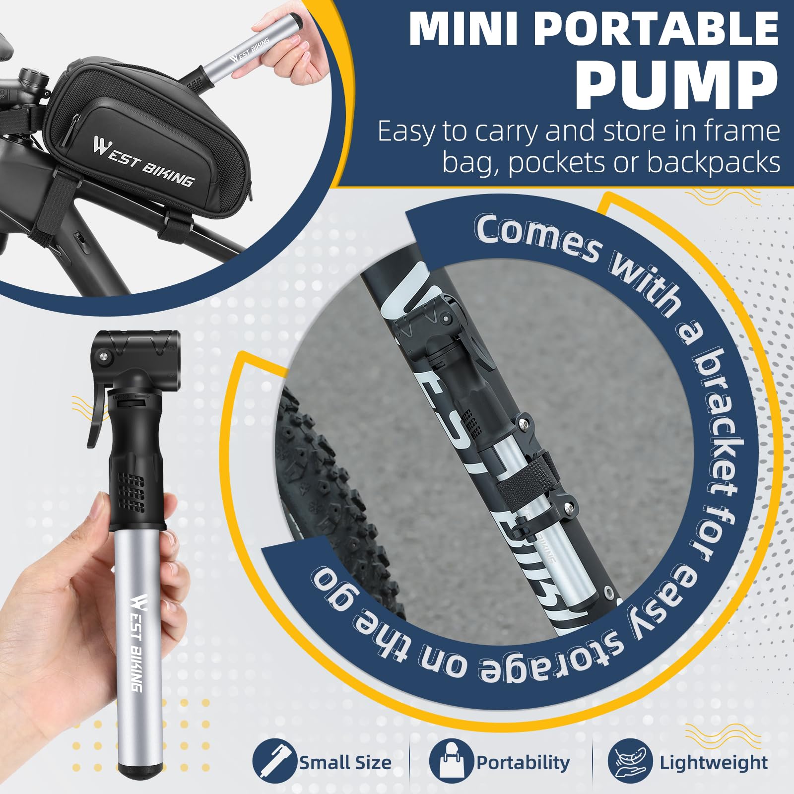 Bicycle Pump Mini Bike Pump - Aluminum Alloy Cycle Pump for Presta & Schrader Valve, Portable Lightweight Bike Tyre Pump Fast Tyre Inflation Mini Air Pump for Mountain Road Bike Ball Pump