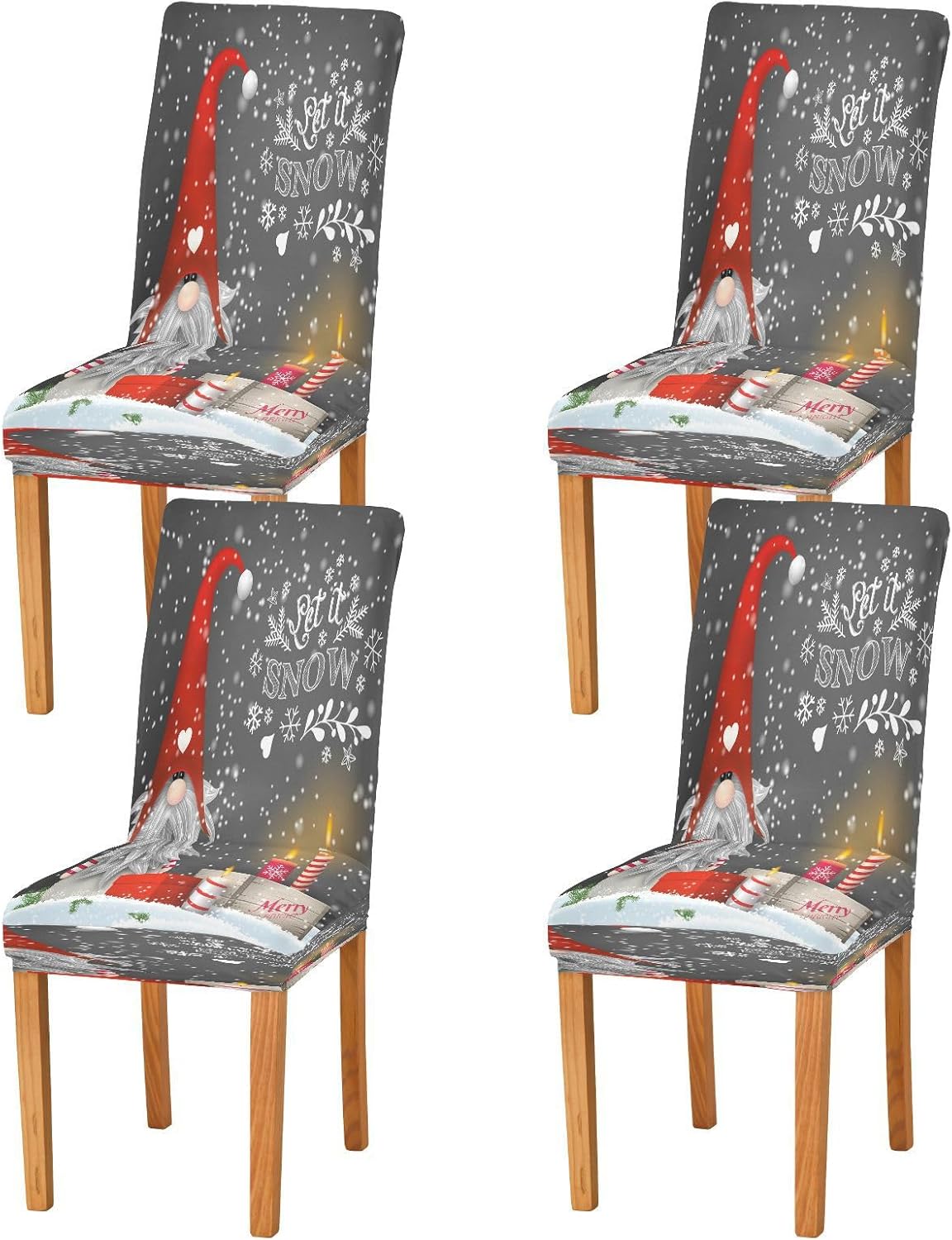 Christmas Gnome Tomte Winter Snowflakes Dining Room Chair Covers Xmas Candles Gift Boxes Chair Slipcovers Seat Protector Removable Washable Chair Cover For Home Kitchen Restaurant Hotel 4pcs
