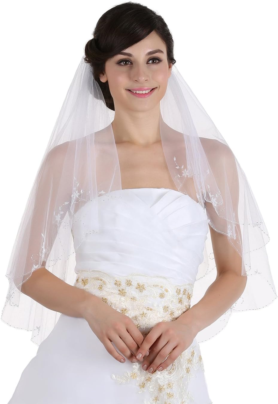 SAMKY 2T 2 Tier Floral Pattern Beaded Scalloped Edge Bridal Veil