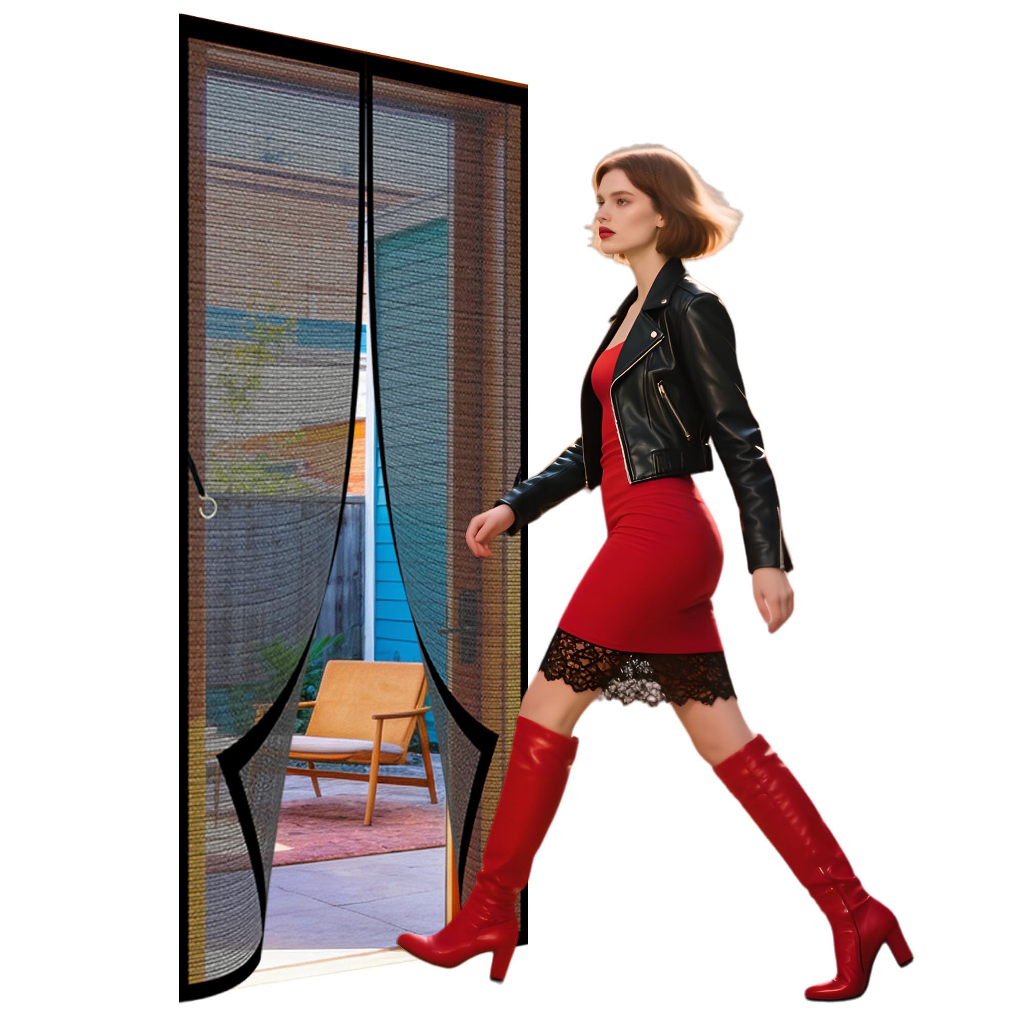 Magnetic Fly Screen Door 95 x 224 cm Full Frame Magic Tape Anti Mosquito Mesh Fly Curtain Keeps Flies Mosquitoes Out for Living Room, Bedroom, Patio, Black