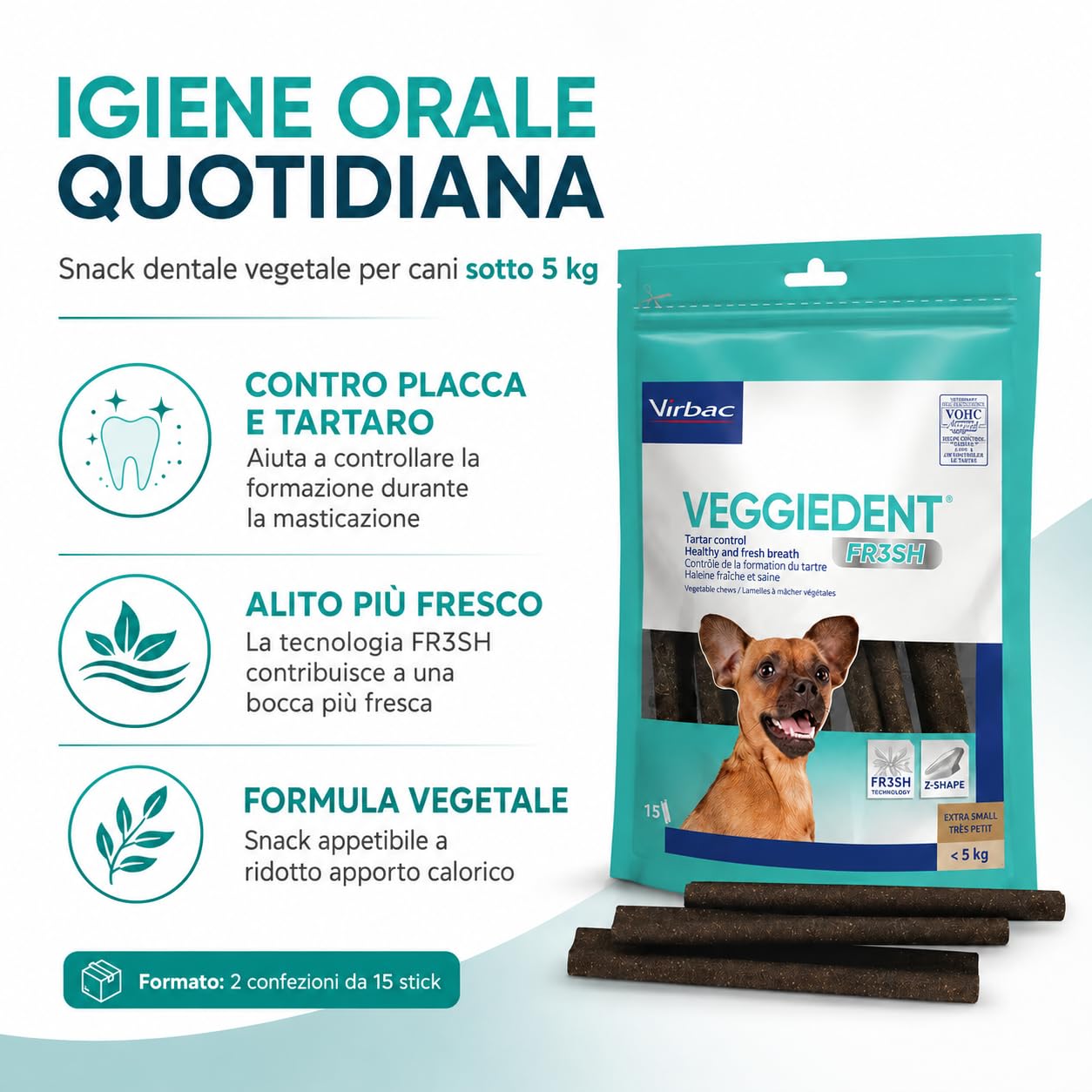 Virbac Veggiedent FR3SH XS 2 Confezioni da 15 Stick Dentali per Cani sotto 5 kg, Snack Vegetale per Igiene Orale, Controllo Placca e Tartaro, Alito Fresco
