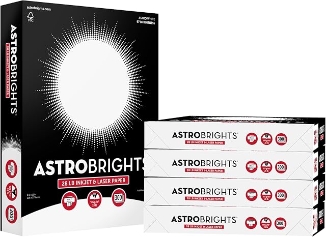 Astrobrights® Printer & Copy Paper, 8.5" x 11", 28lb/105gsm, 97 Brightness, White, 5 reams of 300 Sheets per Ream, 1,500 Sheets per Carton (91738-01)