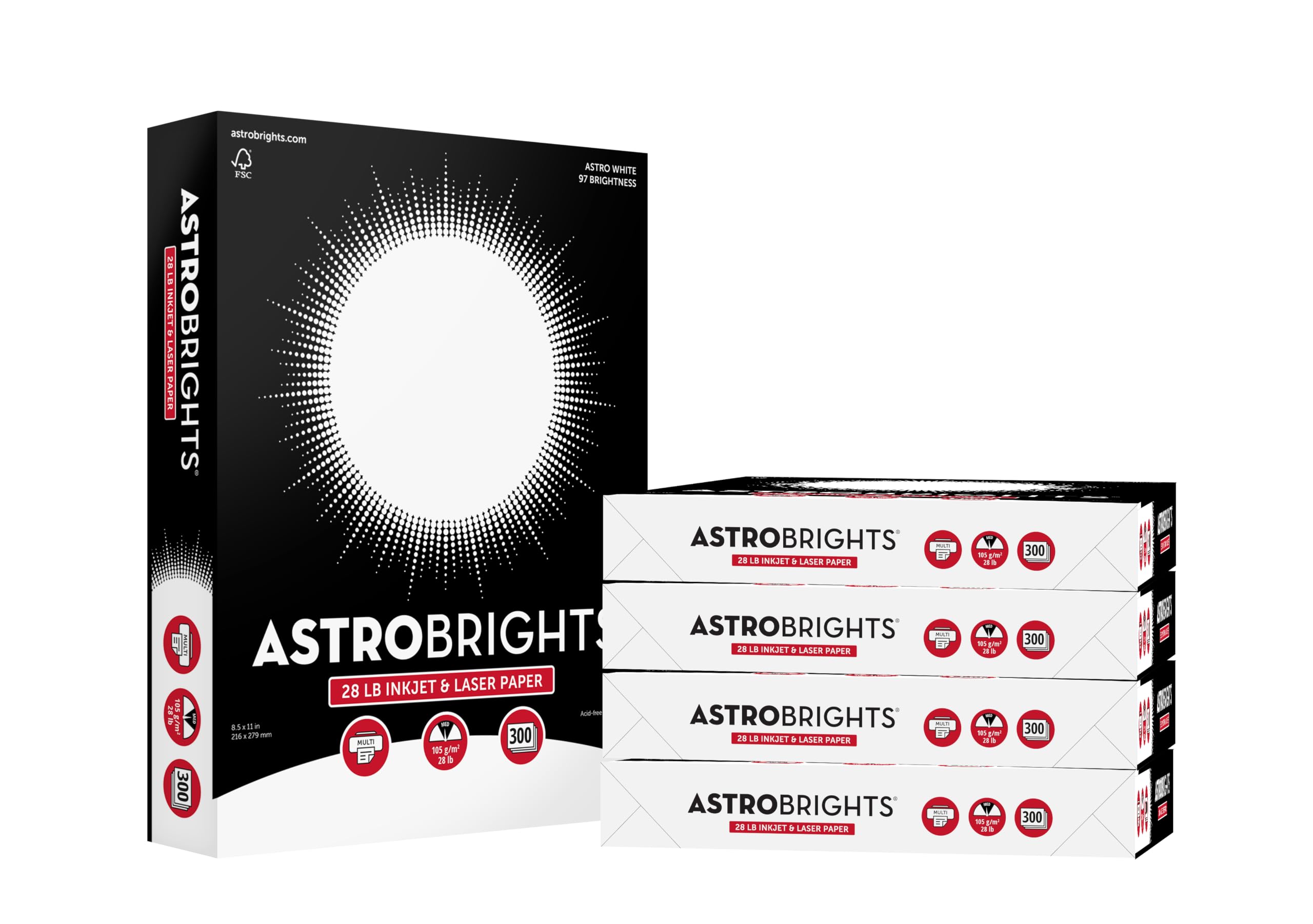 Astrobrights® Papier do drukarek i kopiowania, 21 cm x 28 cm, 105 g/m², 97 jasności, biały, 5 ryż po 300 arkuszy na ryzę, 1500 arkuszy w kartonie (91738-01)