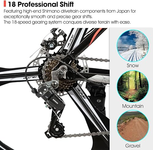 Miniatura 5 de Bicicleta de montaña HILAND de 26" para hombres, mujeres y adultos, 18 velocidades, freno de disco, marco ligero de aluminio, rueda de 36 radios
