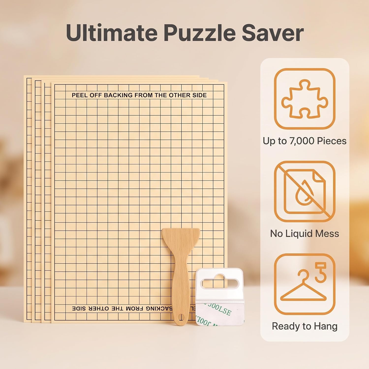 42 Sheets Puzzle Saver Glue Peel and Stick Preserver with Hangers Scraper | Set of 42 puzzle saver adhesive sheets with scraper and 14 clear hangers to preserve up to 7000 jigsaw puzzle pieces.