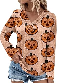 JERFER Halloween Blouses for Women,Women's Halloween Tops Dressy Casual Long Sleeve V Neck Button T-Shirt Fall Funny Pumpkin Printed Going Out Blouse