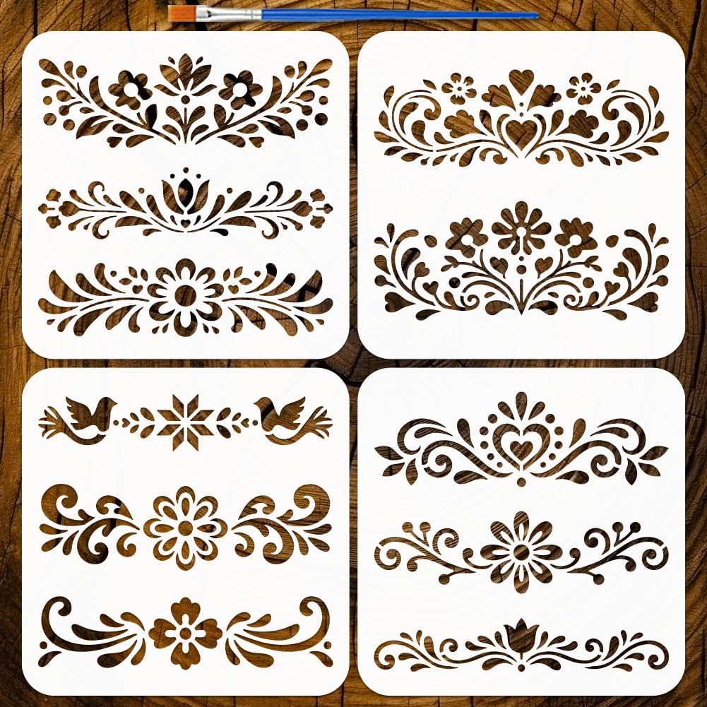 FINGERINSPIRE 4PCS Cat Stencils with a Brush 7.9x7.9inch Japanese Style Cat Stencil Animal Templates Reusable Painting Stencil for DIY Crafts on Fabric Wall Furniture Home Canvas Art
