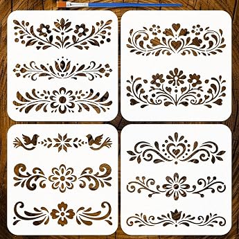 FINGERINSPIRE Pack of 4 Folk Border Painting Templates with Brush 20 x 20 cm Reusable Folk Art Borders Pattern Stencil Flowers Corner Decor Drawing Stencil for Painting on Wood Fabric Wall Paper