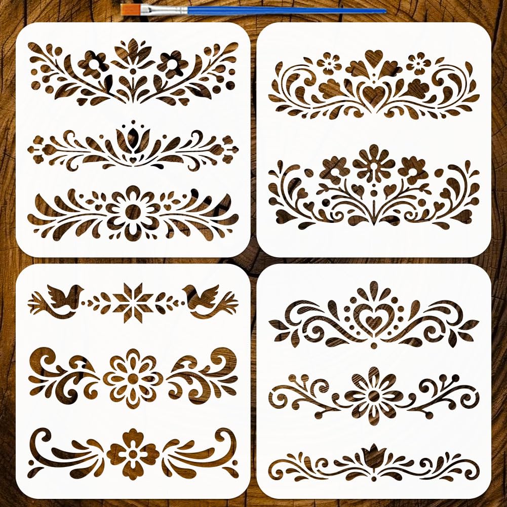 FINGERINSPIRE 4 Pcs Folk Border Painting Stencils with Paintbrush 20x20cm Reusable Folk Art Border Pattern Stencil Flower Corner Decorative Drawing Stencil for Painting on Wood Fabric Wall Furniture