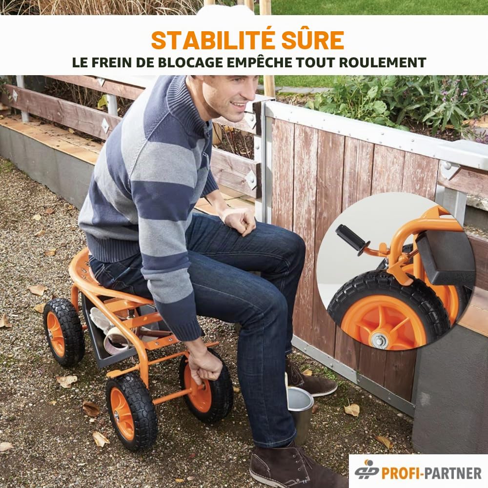 Siège de travail à roulettes pour jardinage - Siège de jardin - Chariot d'atelier avec roulettes - Charge maximale : 150 kg - Frein de stationnement - Pivotant à 360°
