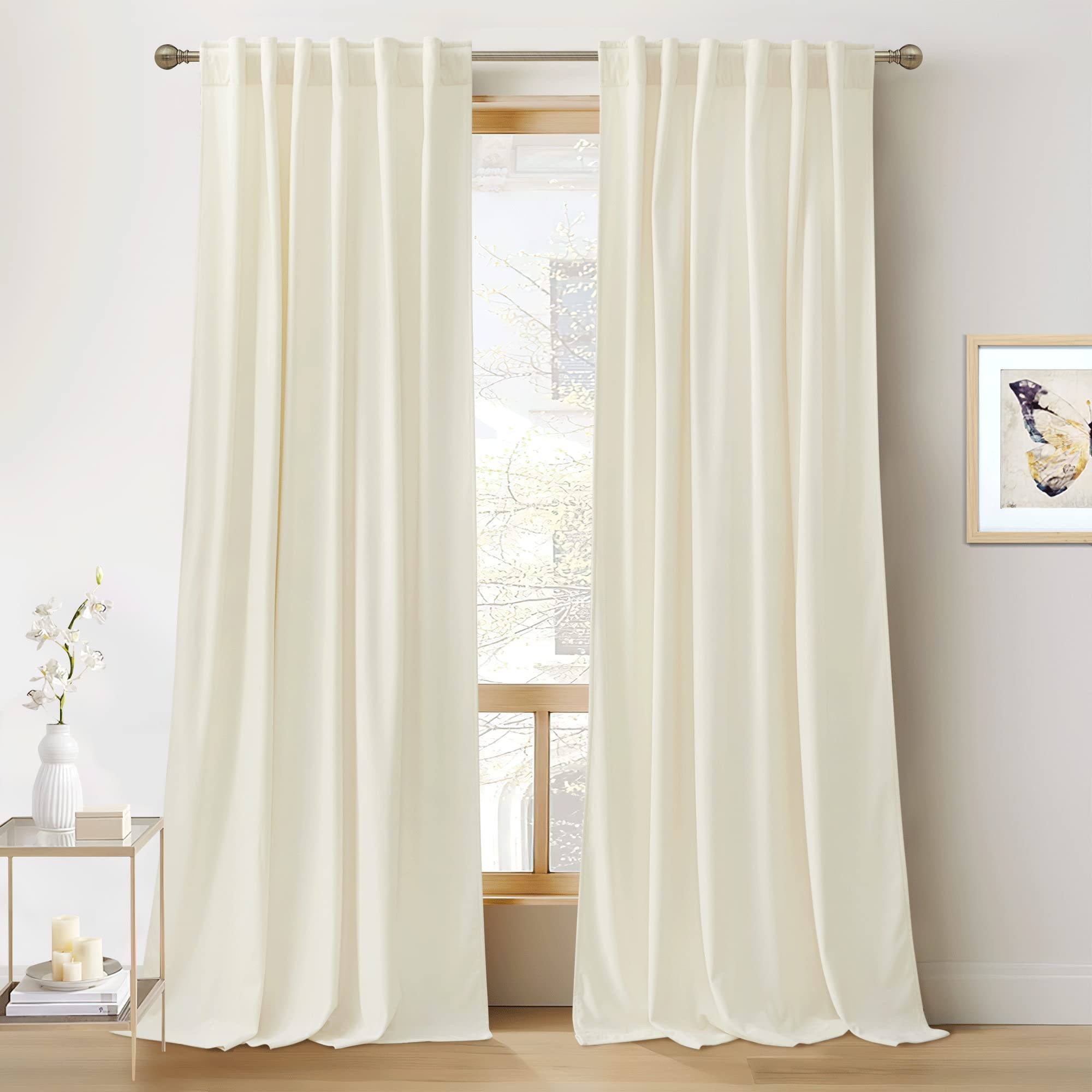 RYB HOME White Velvet Curtains 84 inches - Room Darkening Energy Saving Curtain Panels Soft Luxury Privacy Window Covering for Living Room Studio Apartment, Cream White, W52 x L84 inches, 2 Panels