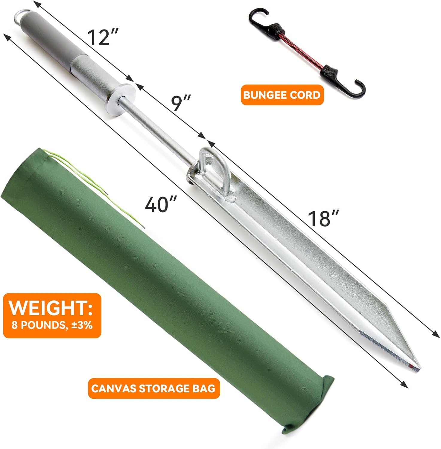 Sand Spike Beach Anchor for Boats — 8 lb Self-Hammering Galvanized Steel, Sandbar & Shallow Water Anchor for Jet Ski Pontoon Kayak PWC up to 30ft, Canvas Bag