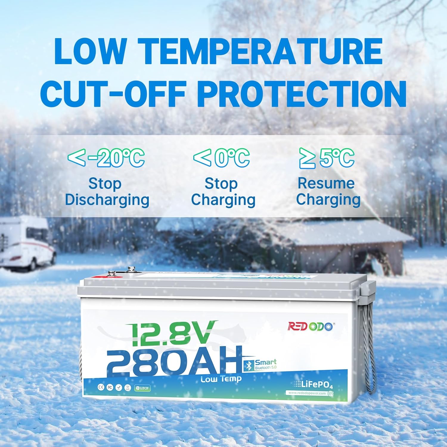 Redodo 12V 280Ah Bluetooth Lifepo4 Battery, Low Temp Cut-off Max 3584Wh Lithium Battery with 200A BMS, 4000+ Cycle, Ideal for Trolling motor, Marine, RV and Off Grid - 2 Pack