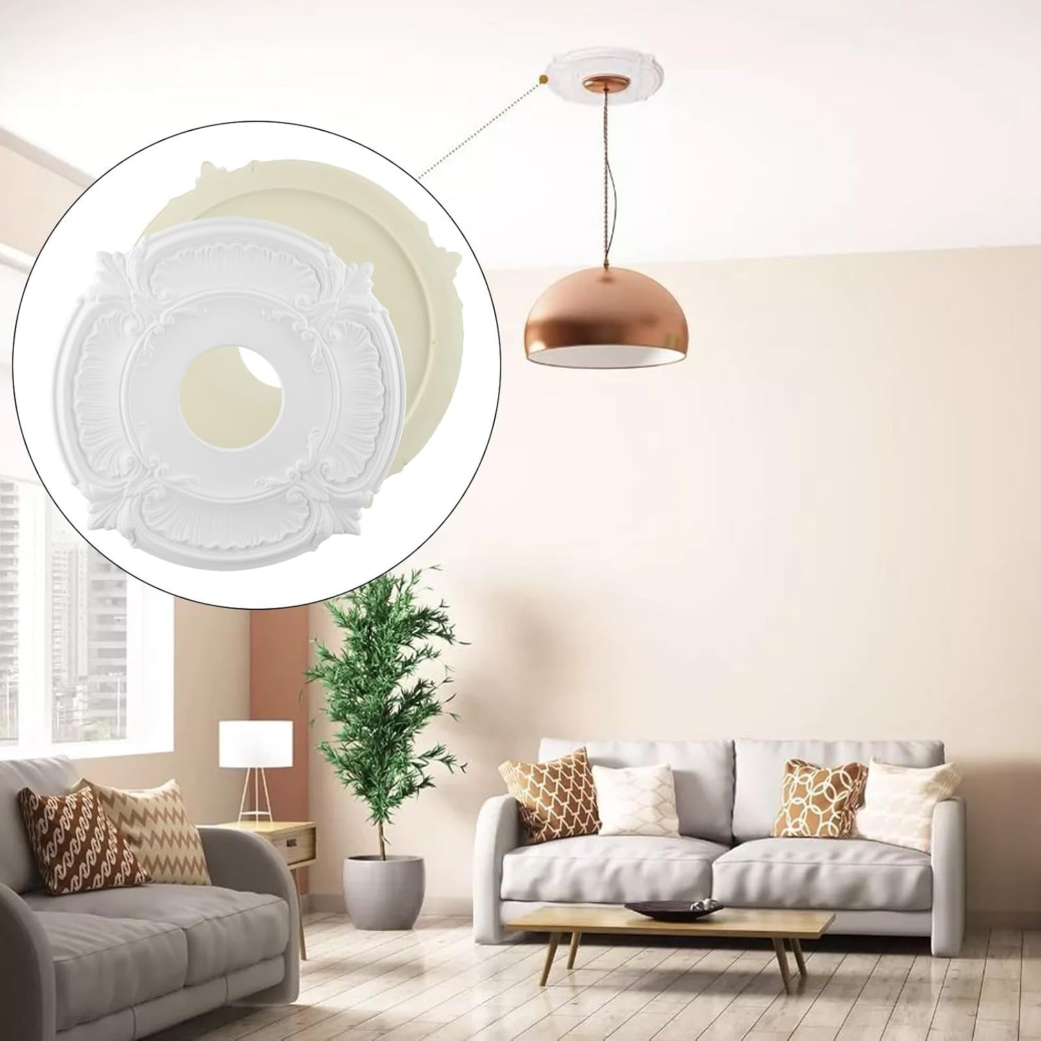 12-Inch Round PU Ceiling Medallion for Light Fixtures and Ceiling Fans – European Carved Decorative Cover, White, 300 mm OD