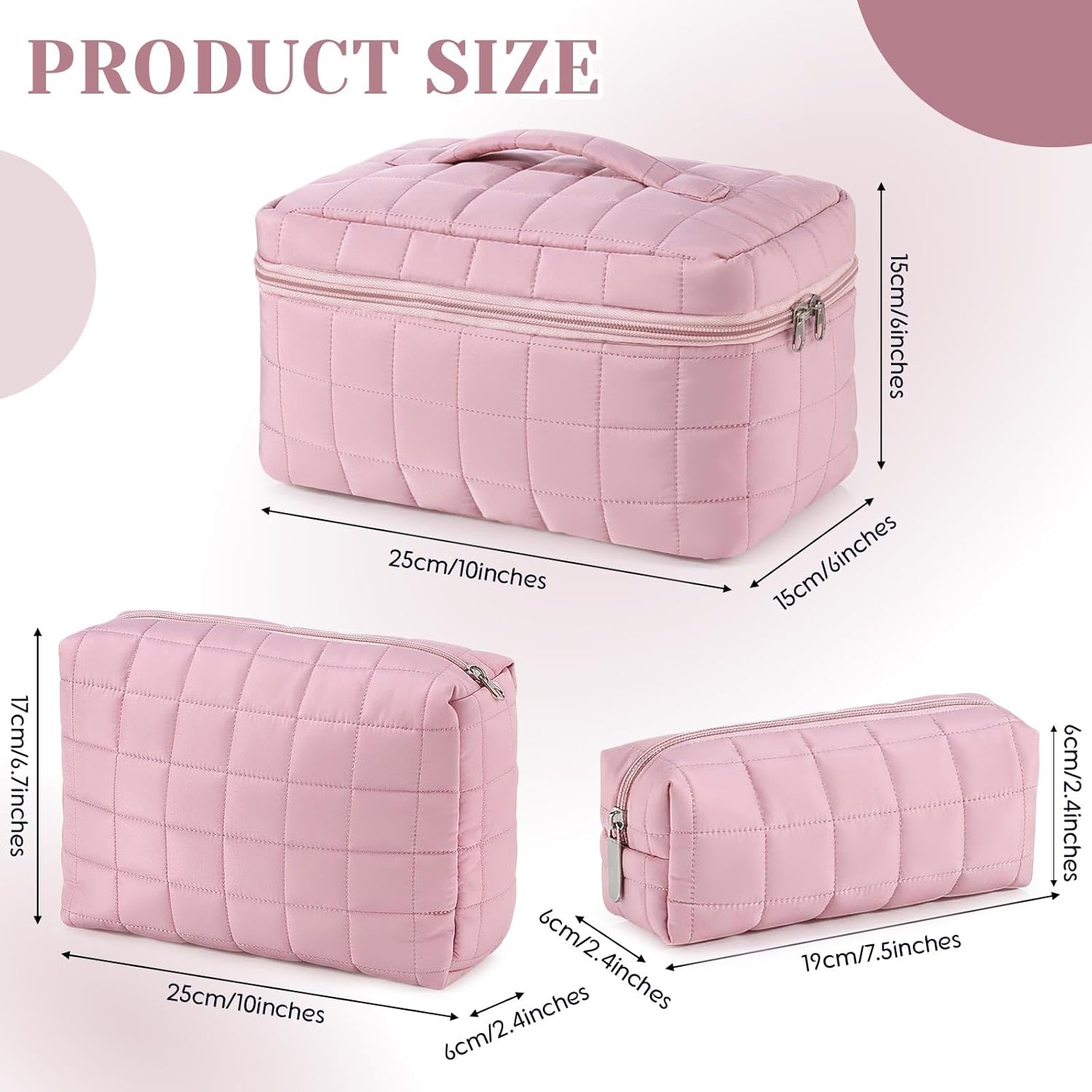 3 Pcs Large Puffy Makeup Bag Set Quilted Cosmetic Pouch for Women Cute Checkered Travel Toiletry Bag Puffer Makeup Organizer Purse Pouch Preppy Pencil Case with Zipper Valentine Gift(Pink) - Image 3
