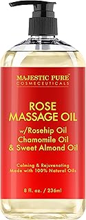 MAJESTIC PURE Rose Massage Oil - Hydrating, Calming, Warming, Relaxing & Rejuvenating Body Oil - Therapeutic Grade, Made with Natural Oils - Skin Care for Men and Women - Made in USA - 8 fl oz