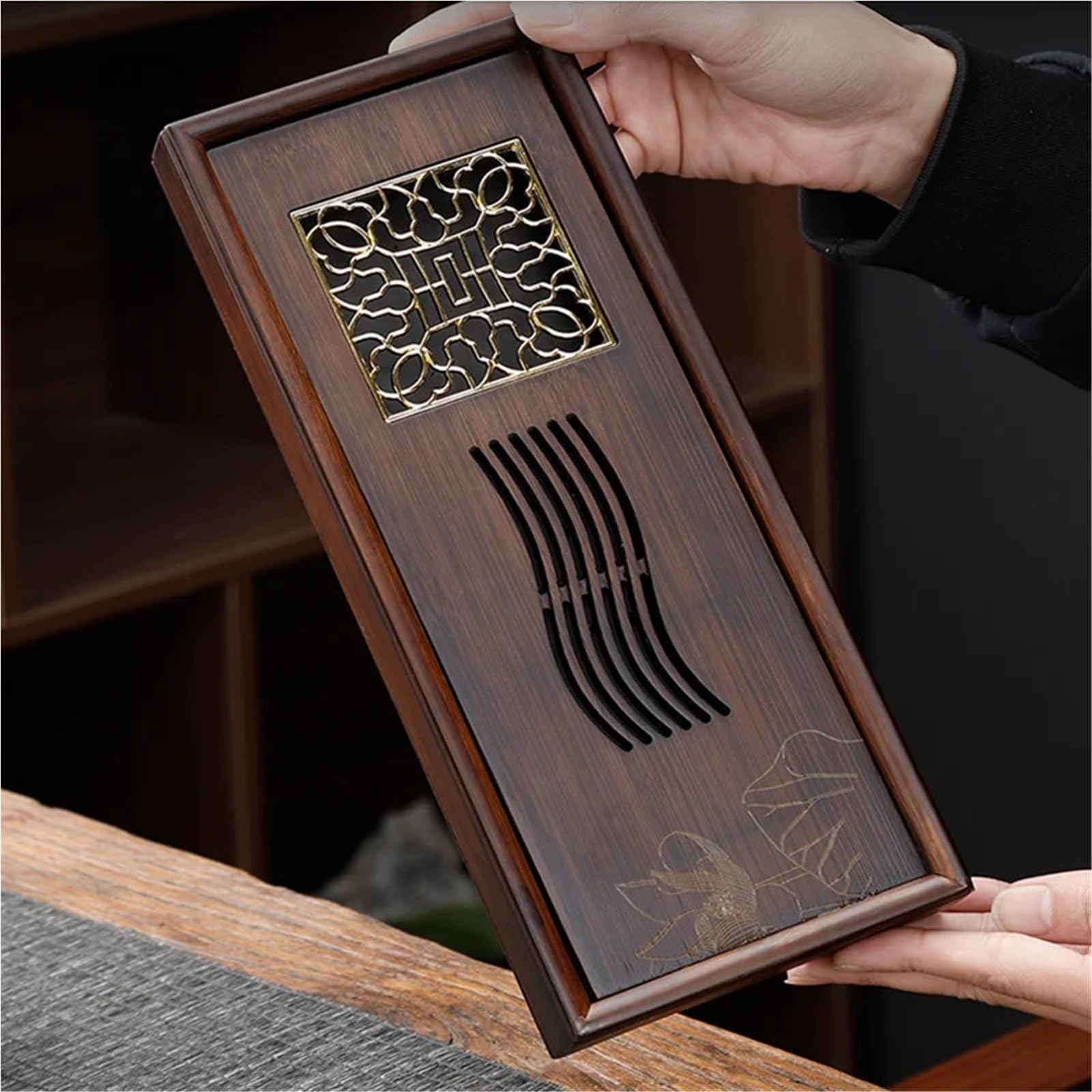 Vassoio da tè in bambù per kung-fu, pannello cavo con contenitore, elegante set di accessori per la casa (L40 x 21 x 5 cm, 1000 ml) per cerimonia del tè tradizionale