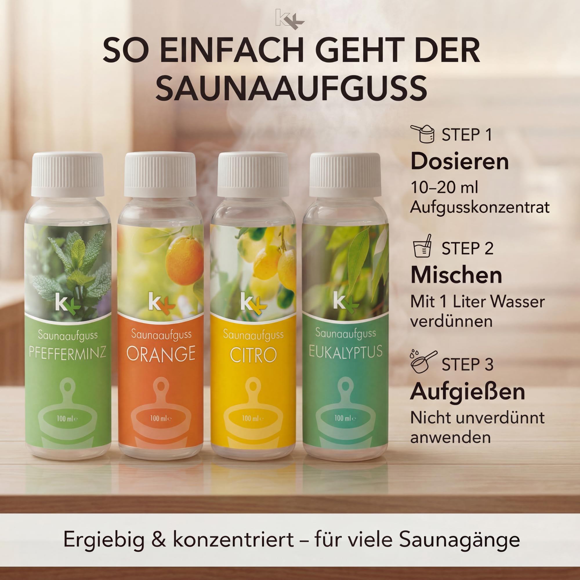 Saunaaufguss-Set 4er | Premium Saunaduft-Set mit Eukalyptus, Orange, Zitrone & Pfefferminz | Hochwertige Sauna Aufgussmittel 4×100 ml | Made in Germany | Intensives Aroma & Geschenkidee